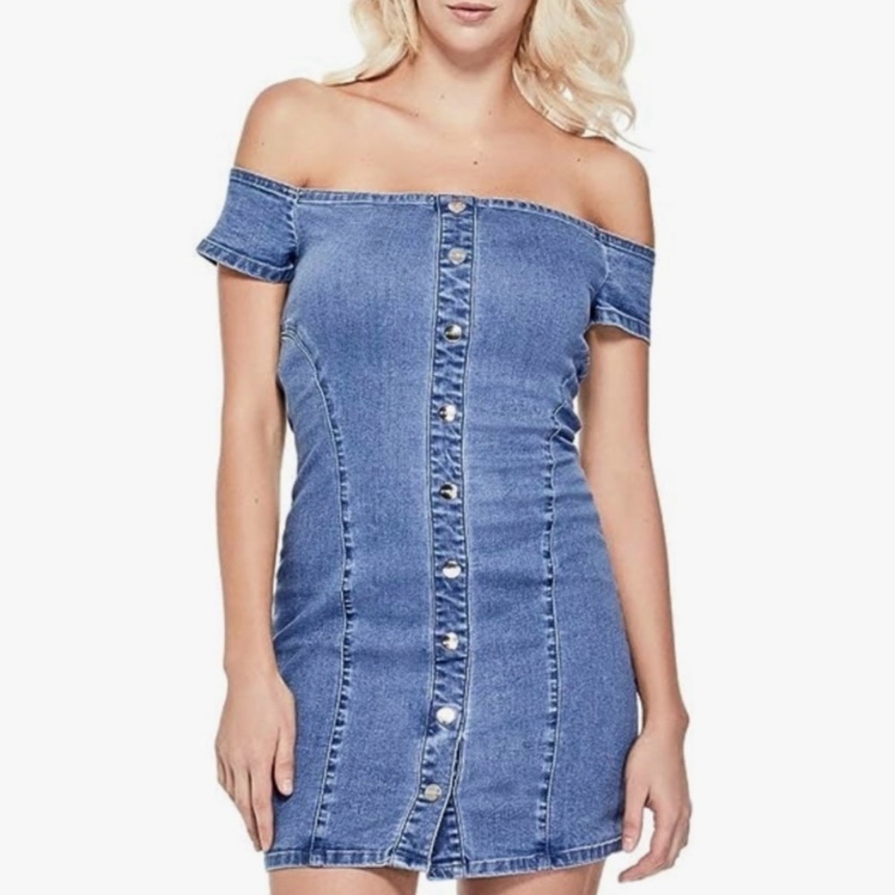 GUESS Y2K Stretch Denim Off Shoulder Button Front Dress Size L